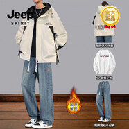 JEEP SPIRIT高端男裝套裝青少年春秋新款?yuàn)A克男套裝搭配初高中學(xué)生痞帥氣秋冬 1815款米色三件套加絨外套+K2圓衛(wèi)衣+加絨牛仔 L 建議100--115斤