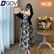 DGOV法式復古水墨碎花抹胸吊帶連衣裙女春裝新款設計感氣質(zhì)收腰長(cháng)裙子 水墨玫瑰吊帶 S 80-100斤