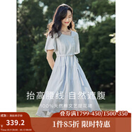 茵曼（INMAN）連衣裙高級感法式方領(lǐng)2025夏女裝新品收腰提花休閑氣質(zhì)高級感顯瘦 藍色 XL