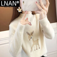 LNAN仿水貂絨卡通刺繡毛衣女秋冬季韓版寬松學(xué)生半高領(lǐng)加厚打底針織衫 米色小鹿_仿貂絨 XL _建議110-120斤