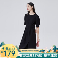 艾萊依商場同款鏤空針織連衣裙夏季氣質(zhì)開叉長裙泡泡短袖連衣裙 炭黑 S 155/80A