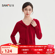 三福毛衣2025秋季綁帶V領(lǐng)蕾絲拼接下擺假兩件上衣女裝507322 大紅 L