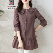 AEMAPE娃娃領(lǐng)中長款格子襯衫女春秋2025新款寬松遮肚子裙擺打底上衣小衫 暗紅色 L (推薦100-115斤)