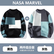 NASA MARVEL撞色拼接毛衣男冬季新款韓版潮流休閑百搭寬松針織衫 黑色+6302灰色 XL （約120-135斤可穿）