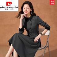 皮爾卡丹（pierre cardin）連衣裙女春秋款長(cháng)袖微胖遮肚子收腰氣質(zhì)40歲媽媽精致端莊大氣時(shí)尚 黑灰色 L 適合【106-115斤】