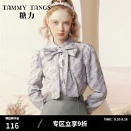 糖力【商場(chǎng)同款】冬新款長(cháng)袖印花蝴蝶結領(lǐng)帶歐根紗襯衫上衣女 灰色 S
