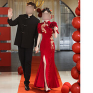 小憨鹿禮服晚宴服酒紅色魚尾旗袍敬酒服新娘結(jié)婚中國風(fēng)新中式訂婚晚女秋 JB222454酒紅色 S ----禮尺碼偏小 請(qǐng)先咨詢客