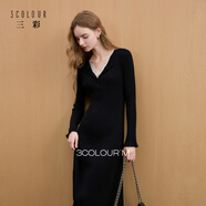 三彩2025冬季新款針織連衣裙蕾絲V領(lǐng)長(cháng)袖收腰長(cháng)裙A字裙簡(jiǎn)約M 經(jīng)典黑 M 160/84A