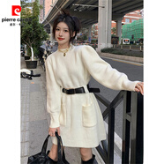 皮爾卡丹（pierre cardin）復古氣質(zhì)針織連衣裙女秋冬流行設計感加厚裙子收腰顯瘦小個(gè)子短裙 白色（送腰帶） S