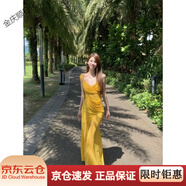 旅游度假拍照沙灘裙純欲性感網(wǎng)紗斜肩吊帶連衣裙修身包臀長(cháng)裙 黃色 S