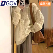 DGOV加厚版韓國V領(lǐng)麻花燈籠袖套頭毛衣女秋季新款慵懶寬松針織上衣 米白色【版】 M （95-110斤）