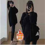 苒祺祺孕婦裝秋冬上衣2025新年時(shí)尚款加厚毛衣新款洋氣秋冬款打底衫套裝 黑色毛衣+加絨款打底褲（套裝） XXL