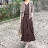 夏典素訂女王（SE.PSTP）套裝早秋新款優(yōu)雅輕奢氣質(zhì)蕾絲兩件長(cháng)袖垂感高腰半身裙 卡其色上衣+咖啡色半身裙【套裝 L 建議96-105斤