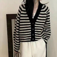 爾山集針織衫女開衫小香風(fēng)外套秋季新款女裝穿搭條紋v領(lǐng)女裝毛衣潮 黑白 均碼 85-125斤
