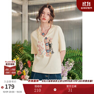 兩三事梵高文藝 夏風(fēng)逐花 2025夏季新款手鉤花領(lǐng)帶印花短袖t恤女 米杏色-y S