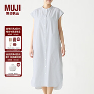 無印良品 MUJI 女式 棉混彈力 法國袖連衣裙 BCL14A0S 深海軍藍X條紋 L