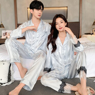 依曼安冰絲情侶睡衣女春秋長(cháng)袖家居服條紋可外穿開(kāi)衫寬松加大碼男士新款 208 寬條紋 天青 3XL 男款 【180-205斤】