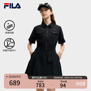 FILA 斐樂(lè)官方女裝梭織工裝連衣裙2025夏季新款時(shí)尚涼感防曬收腰裙子 正黑色-BK S 160/80A/S