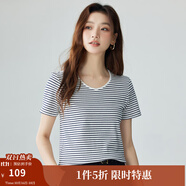 茵曼（INMAN）經(jīng)典撞色條紋V領(lǐng)T恤女2024夏季時(shí)尚百搭舒適休閑短袖上衣 黑條紋 L