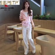 皮爾卡丹（pierre cardin）秋冬時(shí)尚款2025春季時(shí)尚一整套裝韓版假兩件連帽上衣牛仔褲兩件套 粉色上衣+白色褲子【兩/件套】 S 【建議 80-95斤】