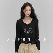 艾路絲婷V領(lǐng)印花長(cháng)袖T恤女2025年秋季新款套頭上衣百搭減齡休閑TH2586 黑色 M