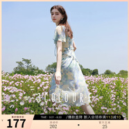 三彩獨(dú)醒2025夏季新款荷葉邊印花雪紡裙連衣裙度假風(fēng)長(zhǎng)裙F 冰川藍(lán)花卉 M 160/84A
