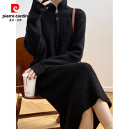 皮爾卡丹（pierre cardin）拉鏈翻領(lǐng)針織連衣裙女秋冬復古長(cháng)款高領(lǐng)毛衣裙直筒加厚長(cháng)袖打底裙 黑色 L 建議110-120斤