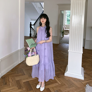 小鎮姍姍花蕊美人 手工花朵掛脖連衣裙女夏季海邊度假風(fēng)紫色長(cháng)裙 風(fēng)信紫 S