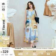 兩三事梵高文藝 她的房間 2025夏季新款圍巾領(lǐng)印花綁帶無(wú)袖連衣裙 藍色 M