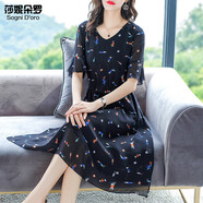 莎妮朵羅大碼女裝夏裝胖妹妹胖人顯瘦款遮肚子碎花雪紡新款連衣裙14986 黑色 4XL 建議170-180斤穿著(zhù)