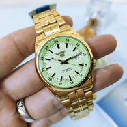 精工（SEIKO）手表 SIEKO5號系列商務(wù)休閑夜光雙日歷黑盤(pán)鋼帶自動(dòng)機械男士腕表 香檳綠 SNK578J1