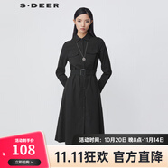 S.DEER圣迪奧女裝翻領(lǐng)撞色條紋收腰襯衫連衣裙S21481227 黑色/91 S/160