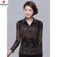皮爾卡丹（pierre cardin）秋冬皮爾卡丹女裝折扣春新款女士高端品牌網(wǎng)紗襯衫衣打底上衣 中年高端長(cháng)袖網(wǎng)紗黑紅襯衫 L =(建議110-115斤)