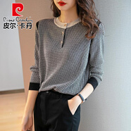 皮爾卡丹（pierre cardin）輕奢高檔格子針織衫女春秋新款長(zhǎng)袖洋氣上衣寬松顯瘦打底短款毛衣 TT5068#黑色 M 建議85-100斤