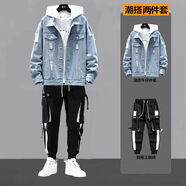 凌卡戚春秋季牛仔套裝男寬松韓版潮流帥氣學(xué)生痞帥休閑工裝褲一套衣服男 兩件套/07淺藍(lán)+715黑褲 S 建議70-85斤