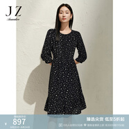 玖姿·安娜蔻法式波點(diǎn)桑蠶絲收腰七分袖荷葉邊連衣裙女2025春季新款 花黑 3XL