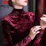 皮爾卡丹（pierre cardin）2026秋冬新款絲絨高領(lǐng)T恤女修身洋氣長(cháng)袖打底衫金絲絨上衣女 酒紅色 S 【90-105斤】