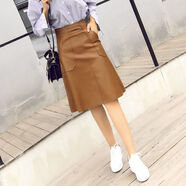 鳶諾大碼PU皮裙高腰中裙小皮裙韓版半身裙秋冬胖mm設計高腰A字款皮裙 卡其色 L 105-120斤