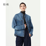 初棉復(fù)古立領(lǐng)牛仔外套女25秋新品全棉落肩寬松短外套大口袋設(shè)計(jì) 牛仔藍(lán) S