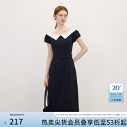 范思藍恩撞色拼接燈籠袖連衣裙女2025夏新款一字襯衫領中長裙2849 藏藍色 S