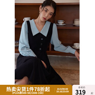 獨(dú)束大碼女裝假兩件撞色襯衫領(lǐng)連衣裙女秋冬微胖mm文藝復(fù)古穿搭裙子 墨染黑【適合165左右】 M