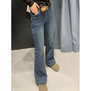 歐洲站加絨復合高腰顯瘦喇叭褲2024冬季牛仔褲女修身顯瘦洋氣微喇 藍色_專(zhuān)柜 S 26__(98-106斤)