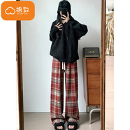 棉致毛呢格子褲子女春秋季新款寬松闊腿高腰運動休閑衛(wèi)褲 687紅色【不加絨高品質(zhì)】 L 100-120斤