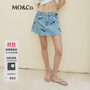 MO&Co.蝴蝶結(jié)洗水印花土耳其棉牛仔裙褲短褲美式復古褲子女摩安珂 牛仔藍色-第2批 M 27