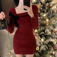 入秋謠秋冬新款方領(lǐng)長(cháng)袖針織連衣裙女新年戰袍立體蝴蝶結修身針織短裙 紅色 AH0794 均碼