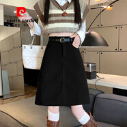 皮爾卡丹（pierre cardin）大碼灰色中裙毛呢半身裙女秋冬新款防走光口袋美拉德A字包臀短裙 黑色  毛呢面料 2XL