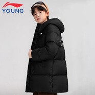 李寧童裝兒童羽絨服男童冬款中長款防風(fēng)保暖青少年連帽兒童羽絨外套 黑色75-1 130