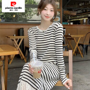 皮爾卡丹（pierre cardin）今年流行漂亮流蘇中長(cháng)裙秋季女裝新款撞色條紋長(cháng)袖寬松修身連衣裙 杏條紋【原版品質(zhì)】 L 【建議105-120斤】
