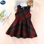 迪士尼（Disney）女童毛呢背心裙春秋冬韓版女孩氣質(zhì)無(wú)袖連衣裙子呢子裙兒童馬甲裙 紅綠格子背心裙 紅綠 130 建議身高110cm左右