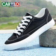 卡帝樂鱷魚（CARTELO）春季透氣純白帆布鞋男潮流百搭小白鞋休閑運動小眾板鞋白色布鞋子 黑色 B2160 38.5 39女款